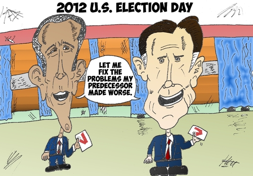 Cartoon: Obama and Romney caricature (medium) by BinaryOptions tagged president,barack,obama,mitt,romney,candidates,presidential,election,american,caricature,editorial,business,comic,cartoon,optionsclick,binary,options,trader,option,trading,trade,news,national,lampoon