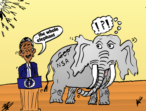 Cartoon: Obama and the NSA elephant (medium) by BinaryOptions tagged obama,elephant,nsa,caricature,cartoon,comic,webcomic,options,binary,trade,trading,editorial,political,politician,politics,news