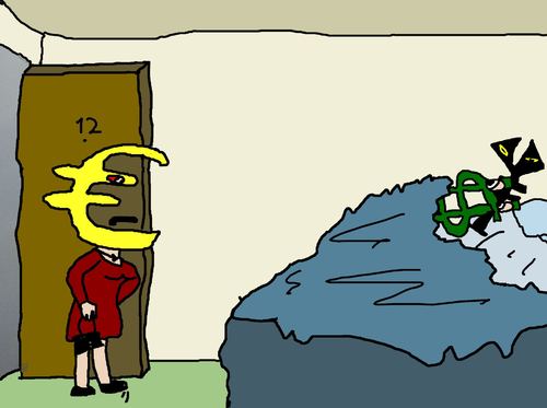 Cartoon: EUR catches JPY and USD in bed (medium) by BinaryOptionsBinaires tagged disloyal,loyal,cheated,cheating,yen,dollar,euro,eur,jpy,usd,unfaithful