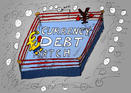 Cartoon: Euro Yen currency debt match (medium) by BinaryOptionsBinaires tagged binary,option,trader,options,trading,euro,yen,eur,jpy,forex,optionsclick,boxing,currency,debt,match,fight,webcomic
