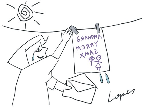 Cartoon: Greetings from Granddaughter (medium) by Lopes tagged family,christmas,xmas,letter,card,greeting,clothesline,sun,envelope,grandmother,grandma,child
