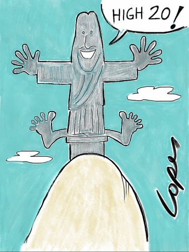 Cartoon: Rio 20 UN Conference (medium) by Lopes tagged rio,de,janeiro,united,nations,conference,environment,jesus,christ,statue,landmark,20,sustainable,development