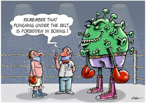 Cartoon: Boxing challenge (medium) by Ridha Ridha tagged boxing,challenge,corona,scientist,ridha,cartoon