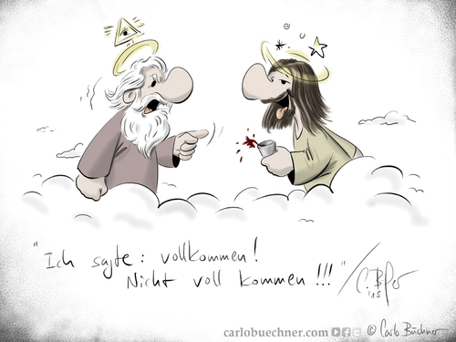 Cartoon: Vollkommen (medium) by Carlo Büchner tagged carlo,büchner,arts,2015,jesus,gott,kirche,god,heaven,himmel,vollkommen,voll,kommen,alkohol,wein,drunken,satire,humor,cartoon,ray,zeichnung,comedy,gag,joke,funny,life