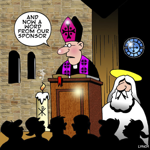 Cartoon: A word from our sponsor (medium) by toons tagged religion,church,god,sponsorship,priest,bishop,sponsor,advertising