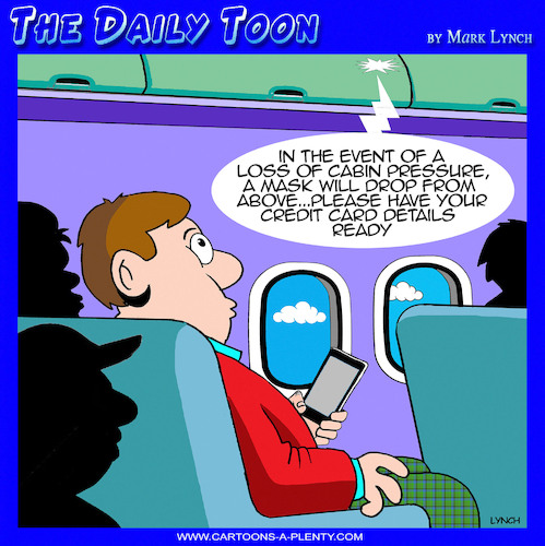 Cartoon: Airline announcements (medium) by toons tagged oxygen,masks,reduced,cabin,pressure,credit,card,details,oxygen,masks,reduced,cabin,pressure,credit,card,details