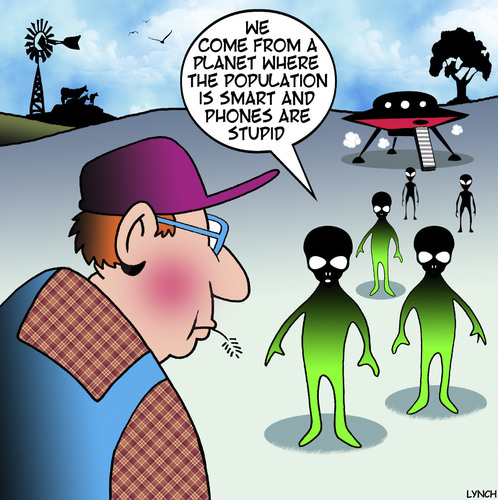 Cartoon: Aliens cartoon (medium) by toons tagged aliens,smart,phones,opposites,stupid,flying,saucer,spaceship,aliens,smart,phones,opposites,stupid,flying,saucer,spaceship
