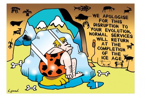 Cartoon: apologies (medium) by toons tagged evolution,ice,age,caveman,television,global,warming,cooling