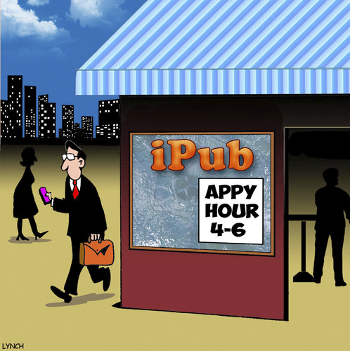 Cartoon: Appy hour (medium) by toons tagged happy,hour,apps,ipod,ipad,ipub,smartphones,happy,hour,apps,ipod,ipad,ipub,smartphones