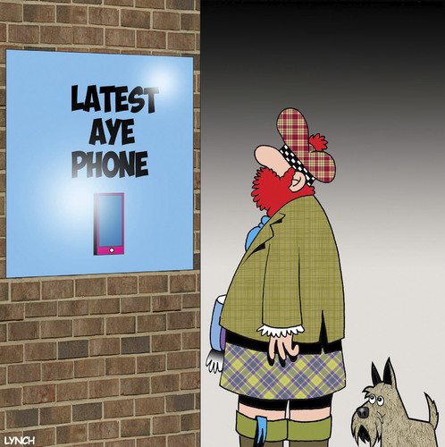 Cartoon: Aye phone (medium) by toons tagged iphone,ipad,mobile,phone,scotland,kilts,bagpipes,sales,aye,iphone,ipad,mobile,phone,scotland,kilts,bagpipes,sales,aye