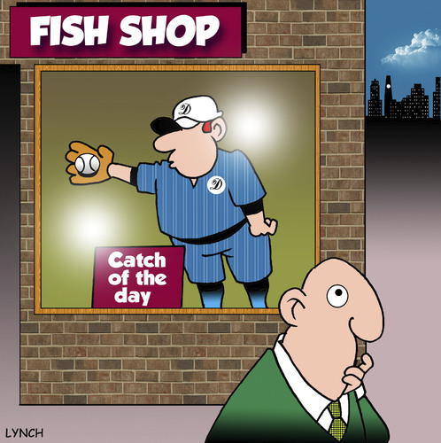 Cartoon: catch of the day (medium) by toons tagged fish,and,chips,baseball,catch,of,the,day,sport,fishing,catcher,softball,ball,games