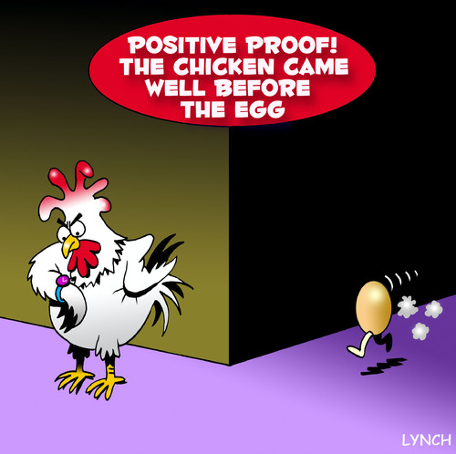 Cartoon: chicken before the egg (medium) by toons tagged chicken,before,the,egg,chickens,eggs,philosophy