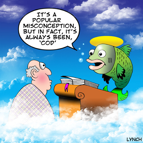 Cartoon: Cod (medium) by toons tagged god,heaven,religion,hell,fish,cod,afterlife,death,angels,clouds,bible,halo