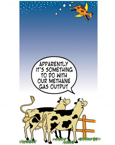 Cartoon: cow over the moon (medium) by toons tagged methane,gas,cow,jumped,over,the,moon,fairy,tales,environment,ecology,greenhouse,gases,pollution,earth,day