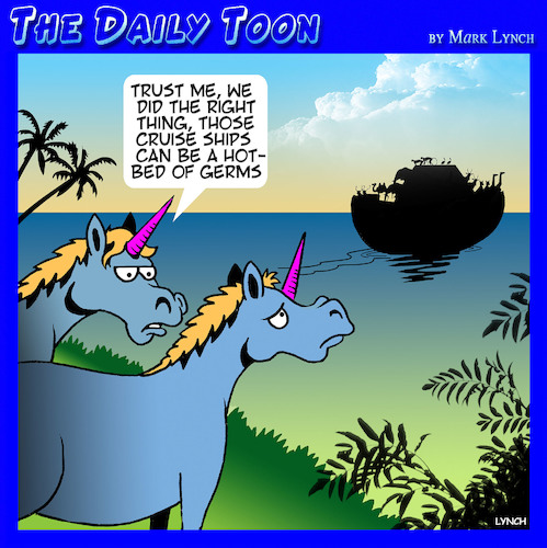 Cartoon: Cruise ships (medium) by toons tagged coronavirus,unicorns,noahs,ark,crusing,germs,covid,19,myths,bible,coronavirus,unicorns,noahs,ark,crusing,germs,covid,19,myths,bible