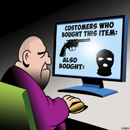 Cartoon: Customers who bought this item (medium) by toons tagged retail,online,shopping,criminals,customers,who,bought,this,item,also,balaclave,ski,mask,weapons,purchase,computers,retail,online,shopping,criminals,customers,who,bought,this,item,also,balaclave,ski,mask,weapons,purchase,computers