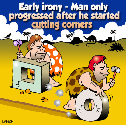 Cartoon: cut corners (medium) by toons tagged prehistoric,caveman,the,wheel,inventions,dinosaurs