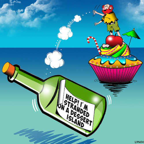 Cartoon: Dessert (medium) by toons tagged desert,island,desserts,message,in,bottle,sweets,candy,cupcake,desert,island,desserts,message,in,bottle,sweets,candy,cupcake