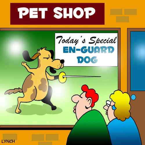 Cartoon: en guard dog (medium) by toons tagged animals,dogs,pets,pet,shop,sales,fencing,sport,sword,fighting,guard,dog,burglars,canine,olympic