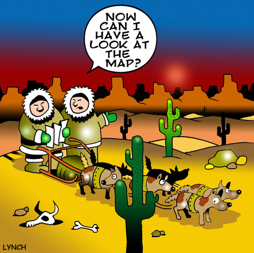 Cartoon: eskimo map (medium) by toons tagged eskimos,dog,sled,maps,lost,dogs,desert,marooned,street,directions,canyons,arctic,igloos