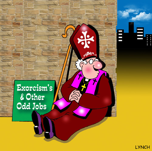 Cartoon: exorcism (medium) by toons tagged exorcism,pope,priest,bishop,religion,devil,odd,jobs,god,hell,heaven