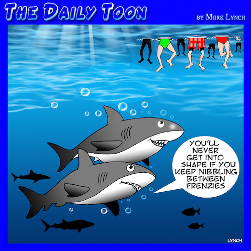 Cartoon: Feeding frenzy (medium) by toons tagged sharks,feeding,frenzy,snacks,fitness,overweight,food,sharks,feeding,frenzy,snacks,fitness,overweight,food