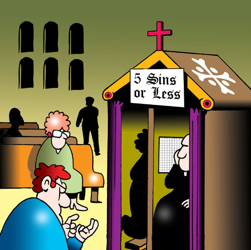 Cartoon: five sins or less (medium) by toons tagged religion,confession,sinning,sins,deadly,priest,minister,church,catholics,commandments,pennance