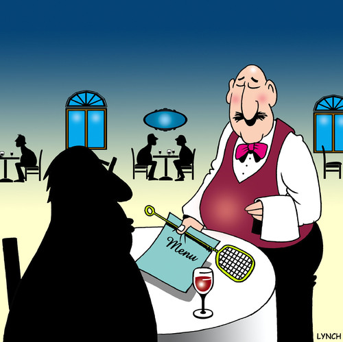 Cartoon: fly swatter (medium) by toons tagged fly,swatter,restaurants,hygene,flys,insects,waiter,waitress,food,salmonella,cafe,eating,insect,spray