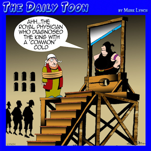 Cartoon: Guillotine (medium) by toons tagged medieval,physician,doctors,beheading,common,cold,influenza,medieval,physician,doctors,beheading,common,cold,influenza