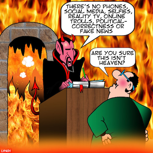 Cartoon: Heaven and Hell (medium) by toons tagged hell,fake,news,online,trolls,devil,afterlife,smart,phones,hell,fake,news,online,trolls,devil,afterlife,smart,phones