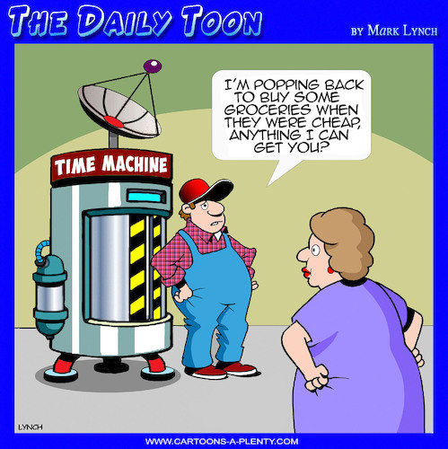 Cartoon: Inflation (medium) by toons tagged time,machine,cost,of,living,cheaper,grosceries,time,machine,cost,of,living,cheaper,grosceries