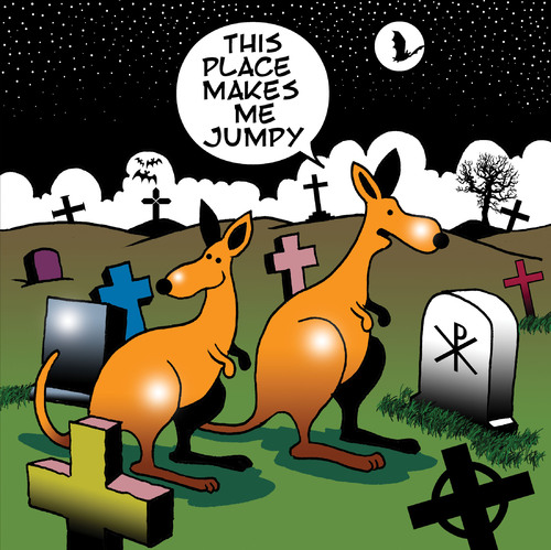 Cartoon: jumpy (medium) by toons tagged kangaroos,australia,cemetary,jumping,hopping,death,haunted,ghosts,headstone,religion,god,after,life,coffin,pallbearer