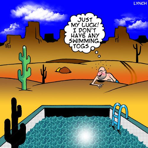 Cartoon: just my luck (medium) by toons tagged swimming,pool,stranded,desert,island,crawling,across,pools