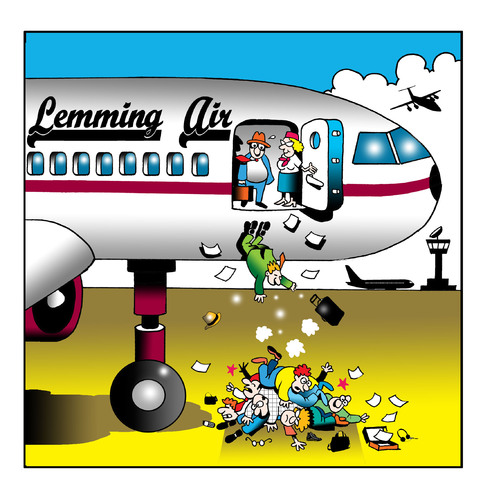 Cartoon: Lemming Air (medium) by toons tagged lemmings,airlines,air,travel,airliners,first,class,business,cattle,flight,attendants,pilots,aircrew,safety