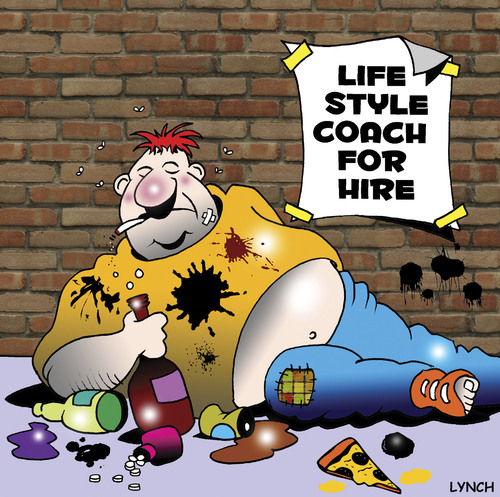 Cartoon: life style coach (medium) by toons tagged life,style,coach,self,help,physical,fitness,exercise,alcoholic,gym,pills,personal,trainer,fat,obesity,overweight