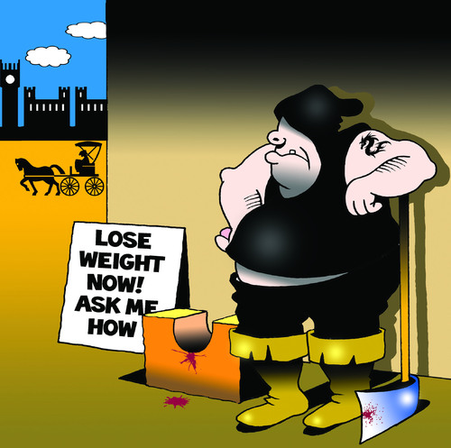 Cartoon: lose weight now (medium) by toons tagged weight,loss,programs,diets,dieting,food,gallows,guillotine,execution,obesity,overeating,executioner,decapitated
