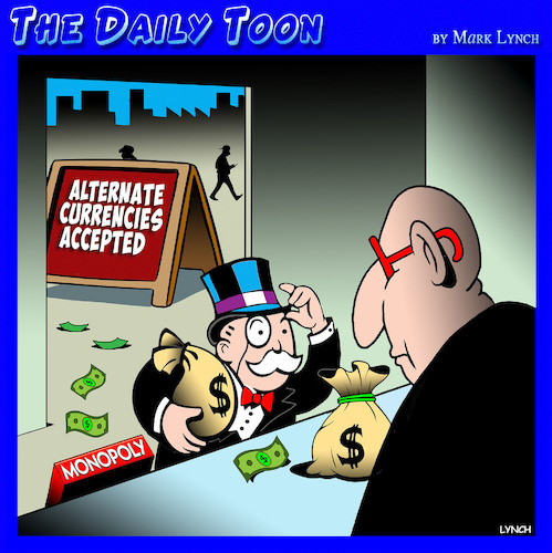 Cartoon: Monopoly Bitcoins (medium) by toons tagged bitcoins,currencies,monopoly,bitcoins,currencies,monopoly