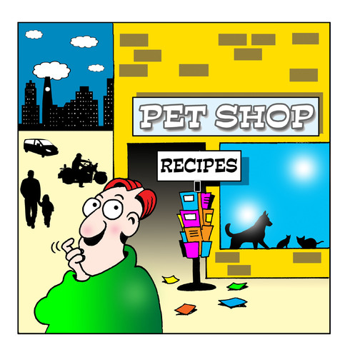 Cartoon: recipes (medium) by toons tagged pet,shops,dogs,cats,animals,cooking,food,recipes,canine,pets,chefs