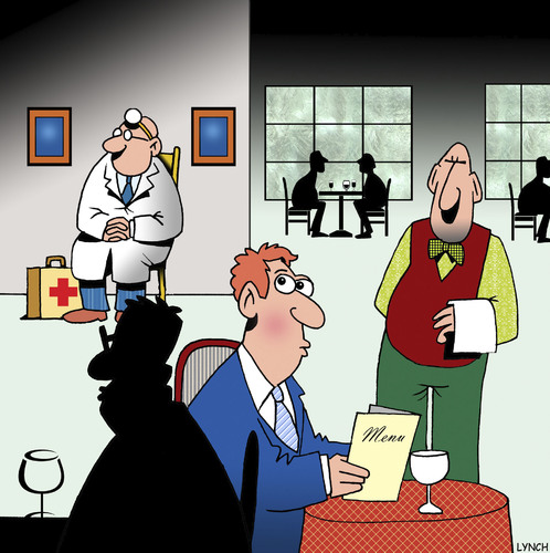 Cartoon: Restaurant doctor (medium) by toons tagged restaurants,food,poisoning,doctors,illness,salmonella,restaurants,food,poisoning,doctors,illness,salmonella