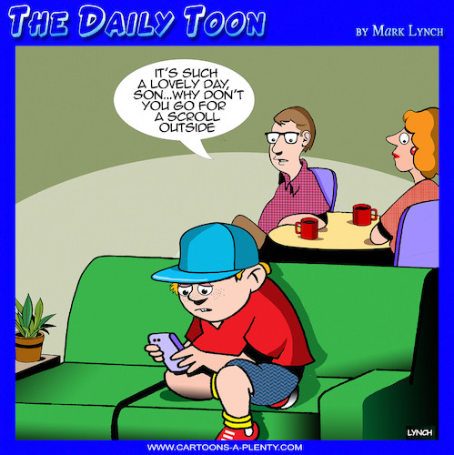 Cartoon: scrolling (medium) by toons tagged phone,scrolling,play,outside,phone,scrolling,play,outside