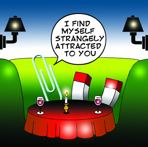 Cartoon: strangely attracted (medium) by toons tagged magnets,paper,clips,romance,relationships,love,marriage,restaurants,cafe,wine,candlelight,dinner,attractionoffice,equipment
