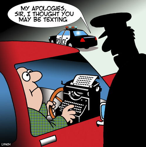Cartoon: Texting while driving (medium) by toons tagged misunderstanding,driving,dangerous,police,speeding,texting,typewriter,typewriter,texting,speeding,police,dangerous,driving,misunderstanding