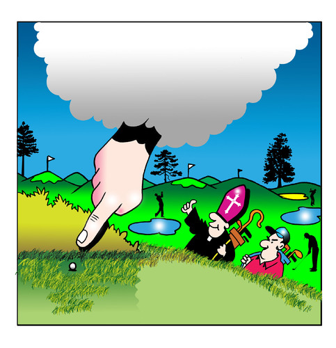 Cartoon: thanks god (medium) by toons tagged god,golf,priest,bishop,clergy,sport,hole,in,one,clubs,ball