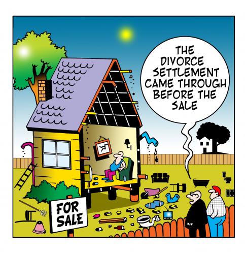 Cartoon: the divorce sttlement (medium) by toons tagged divorce,marriage,house,sales,homes,lawyers