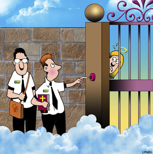 Cartoon: The Mormons are knocking (medium) by toons tagged mormons,jehovahs,witness,door,knocking,we,would,like,to,talk,about,jesus,mormons,jehovahs,witness,door,knocking,we,would,like,to,talk,about,jesus