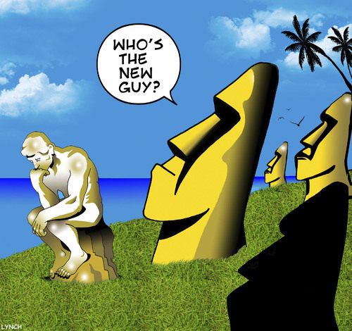Cartoon: The new guy (medium) by toons tagged easter,island,the,thinker,statues,carvings,sculpture,easter,island,the,thinker,statues,carvings,sculpture