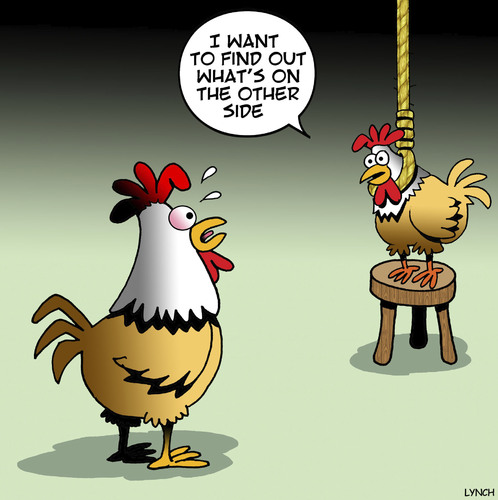 Cartoon: The other side (medium) by toons tagged chicken,crossing,the,road,suicide,depression,bipolar,chickens,heaven,chicken,crossing,the,road,suicide,depression,bipolar,chickens,heaven