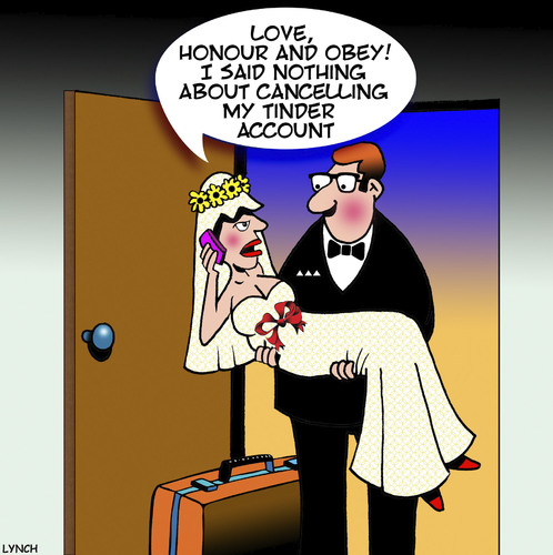 Cartoon: Tinder (medium) by toons tagged bride,and,groom,tinder,just,married,infidelity,bride,and,groom,tinder,just,married,infidelity