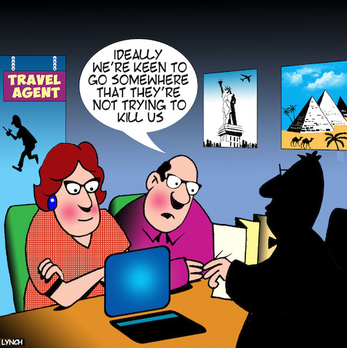 Cartoon: Travel agent (medium) by toons tagged terrorism,travel,agent,innocents,islamic,extremist,holidays,terrorism,travel,agent,innocents,islamic,extremist,holidays