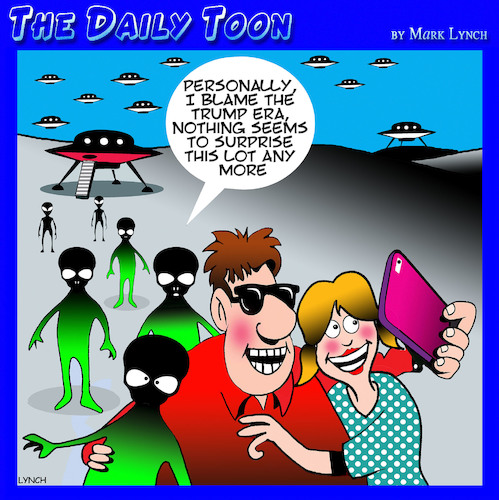 Cartoon: Trump era (medium) by toons tagged aliens,alien,invasion,donald,trump,selfie,aliens,alien,invasion,donald,trump,selfie